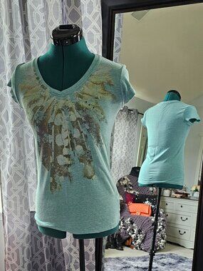 Mudd Heather Teal V‑Neck Graphic Tee – Boho Print – Size M, Vintage/Y2K